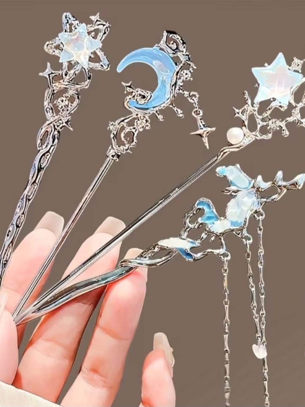 Silver Hair Pins with Blue Moon & Star Accents, Multiple Designs